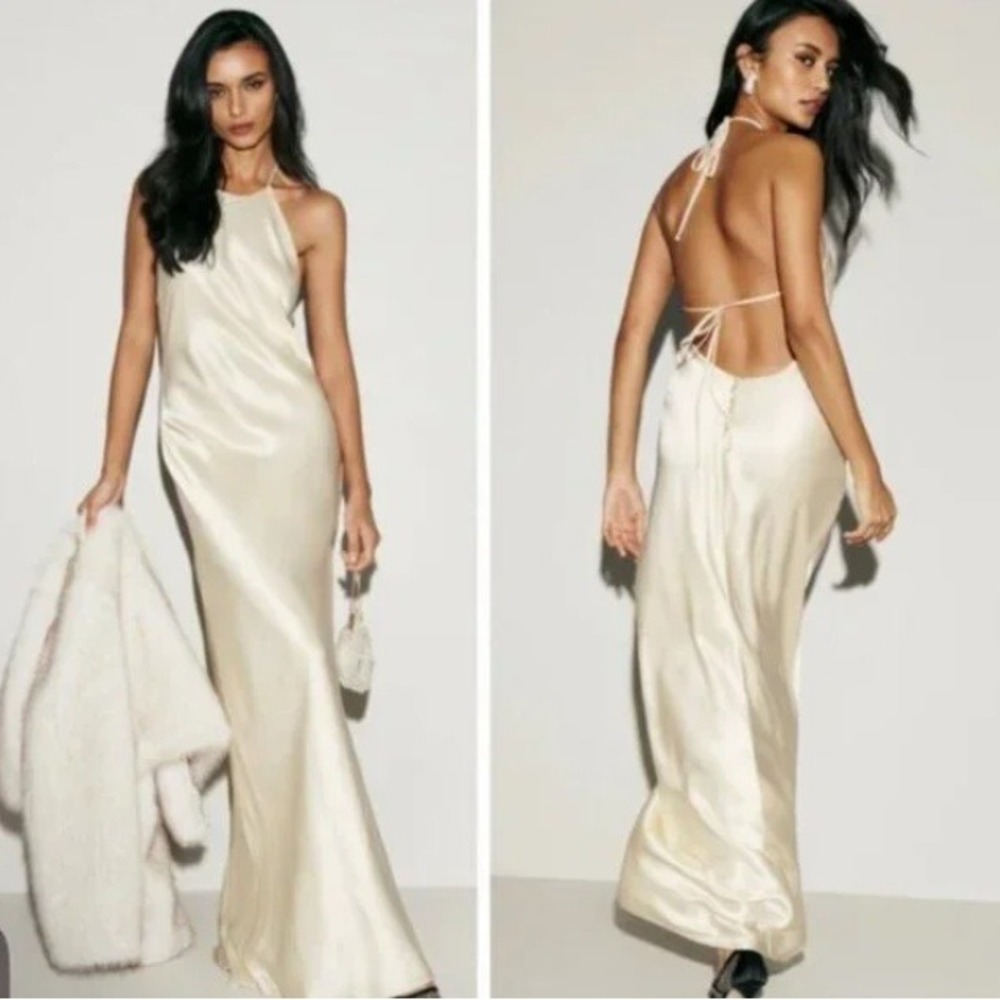 NWT Reformation Jeany Silk Dress Halter Neck Backless Maxi Dress Fior Di Latte M - Picture 2 of 12